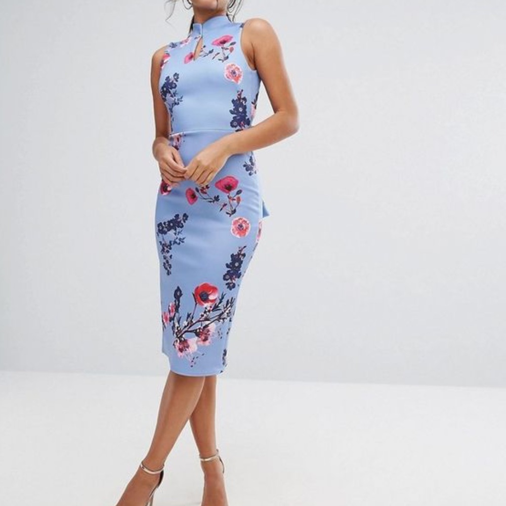 ASOS TRUE VIOLET HIGH NECK PENCIL DRESS W/ MANDARIN COLLAR AND BOW BACK UK12 US6